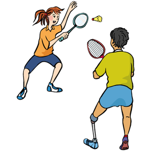 Eine Frau und ein Mann mit einem künstlichen Unterschenkel spielen zusammen Federball