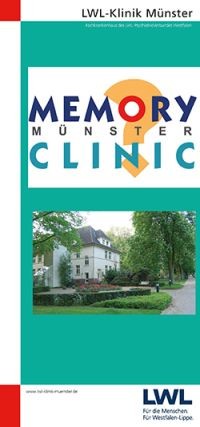 Titelblatt des Flyers "Memory-Clinic", gezeigt wird das dreistöckige Gebäude der Abteilung inmitten der Parklandschaft.