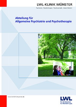 Titelblatt der Broschüre für Allg. Psychiatrie u. Psychotherapie. Gezeigt wird ein Park sowie zwei Frauen und ein Mann, sitzend bei einer Besprechung