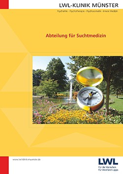 Titelbild der Broschüre der Abteilung für Suchtmedizin, gezeigt wird eine Parklandschaft sowie ein Kompass in der Mitte des Bildes.