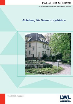 Titelblatt der Broschüre der Abteilung für Gerontopsychiatrie, gezeigt wird das dreistöckige Gebäude der Abteilung eingebettet in die Parklandschaft.