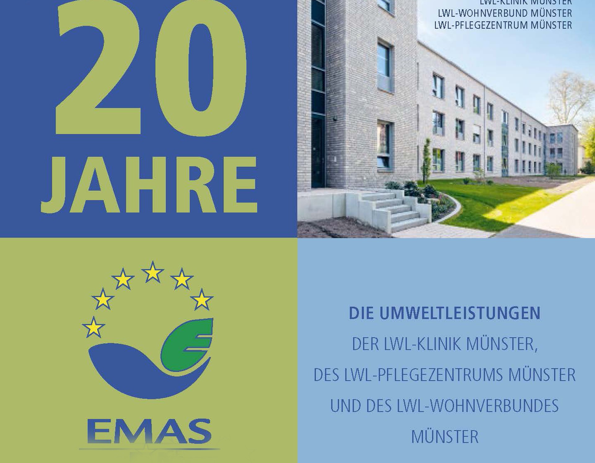 Titelblatt der Broschüre "20 Jahre EMAS". Gezeigt wird das hellgraue, moderne Hauptgebäude der Klinik und das EMAS-Logo auf blaugrünem Hintergrund