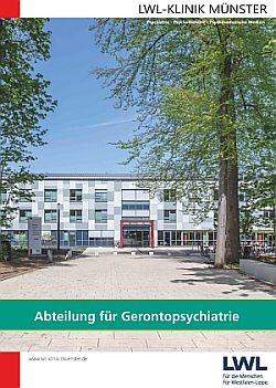 Titelblatt der Broschüre der Abteilung für Gerontopsychiatrie, gezeigt wird das moderne, hellgraue Hauptgebäude der Klinik